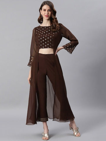 Women Crop Top with Palazzo And Shrug Set, Indo Western Ethnic Set for women, Printed Crop top with palazzo and Jacket Set, Fusion Outfit VitansEthnics