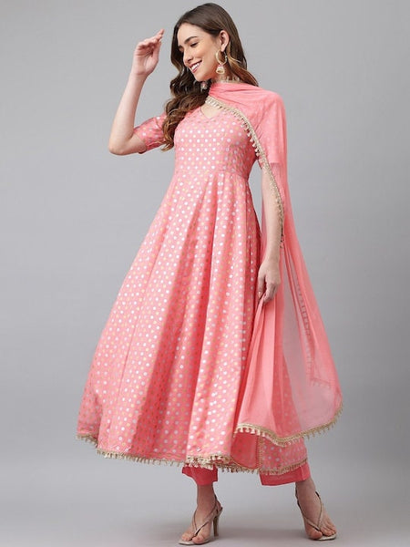 Women Pink Printed Empire Kurta with Trousers & Dupatta Set, Anarkali Kurti Set For Women, Party Wear Kurta Set, Indian Wedding Wear Outfit VitansEthnics