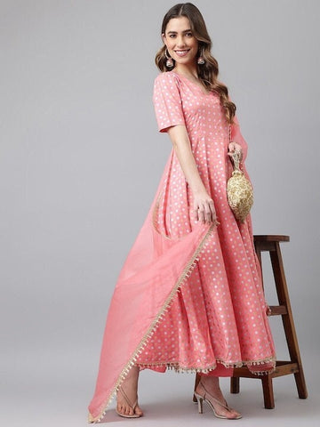 Women Pink Printed Empire Kurta with Trousers & Dupatta Set, Anarkali Kurti Set For Women, Party Wear Kurta Set, Indian Wedding Wear Outfit VitansEthnics