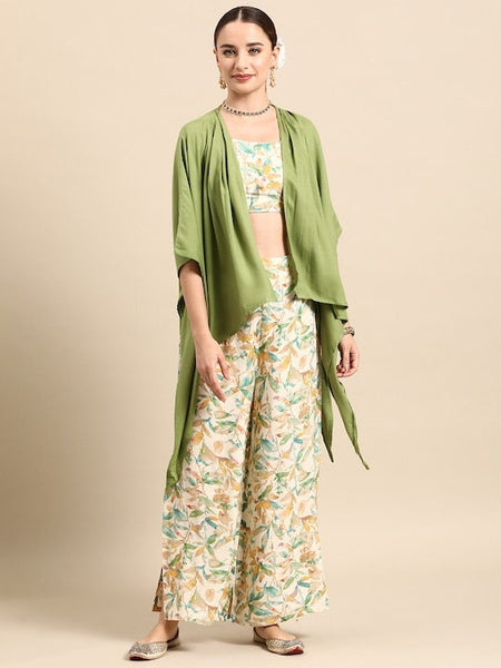 Women Ethnic Printed Co-Ords with Shrug, Indo Western Ethnic Set, Printed Crop top with palazzo and Shrug Set, Fusion Outfit, Wedding Wear VitansEthnics