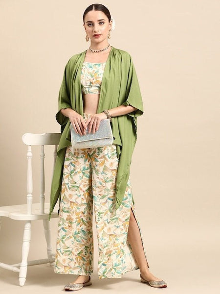 Women Ethnic Printed Co-Ords with Shrug, Indo Western Ethnic Set, Printed Crop top with palazzo and Shrug Set, Fusion Outfit, Wedding Wear VitansEthnics