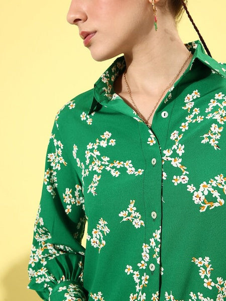 Women Green & White Floral Print Crepe Co-Ords Set, Indo Western Set, Printed Shirt with Skirt Set, Fusion Outfit, Wedding Wear, Party Wear VitansEthnics