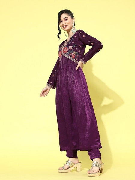 Women Floral Embroidered V-Neck Sequinned Velvet Kurta with Trousers, Indo Western Ethnic Set for Women, Designer Wedding wear outfit VitansEthnics