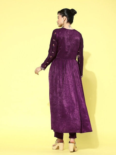 Women Floral Embroidered V-Neck Sequinned Velvet Kurta with Trousers, Indo Western Ethnic Set for Women, Designer Wedding wear outfit VitansEthnics