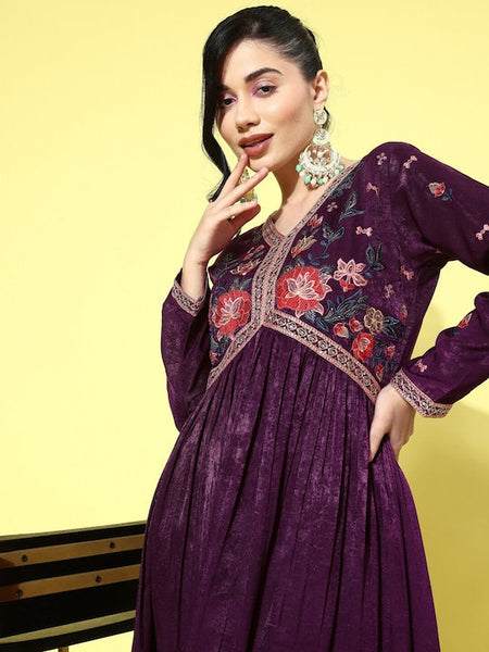 Women Floral Embroidered V-Neck Sequinned Velvet Kurta with Trousers, Indo Western Ethnic Set for Women, Designer Wedding wear outfit VitansEthnics