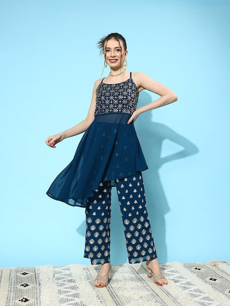 Women Embellished Georgette Ethnic Co-Ords Set, Indo Western Ethnic Set, Embellished Tunic top with palazzo and Set, Fusion Outfit VitansEthnics