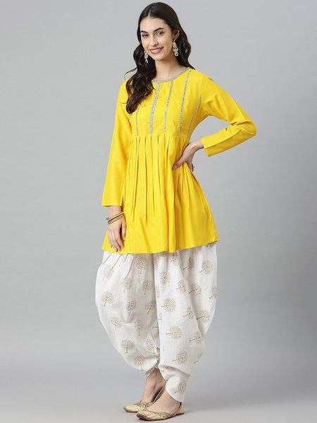 Women Yellow Ethnic Motifs Yoke Design Pleated Kurti with Dhoti Pants & With Dupatta, Dhoti Suit For Women, Indo Western Dress, Indian Dress VitansEthnics