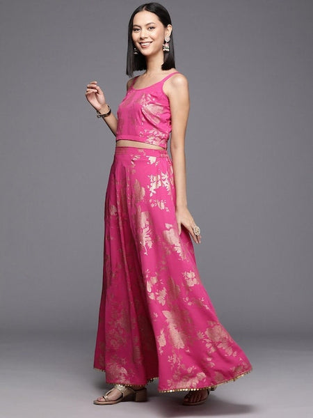 Women Elegant Pink Printed Top with Skirt And Jacket, Indo Western Ethnic Set for women, Crop top with Skirt and shrug Set, Fusion Outfit VitansEthnics