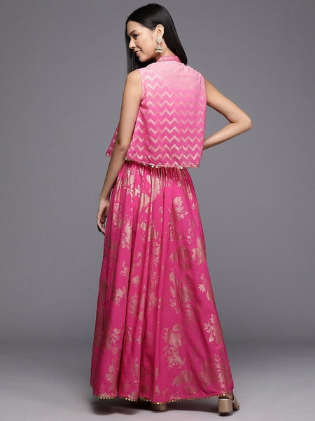 Women Elegant Pink Printed Top with Skirt And Jacket, Indo Western Ethnic Set for women, Crop top with Skirt and shrug Set, Fusion Outfit VitansEthnics