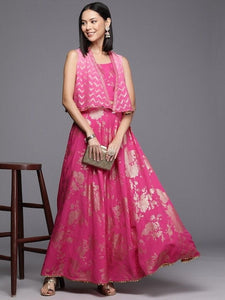 Women Elegant Pink Printed Top with Skirt And Jacket, Indo Western Ethnic Set for women, Crop top with Skirt and shrug Set, Fusion Outfit VitansEthnics