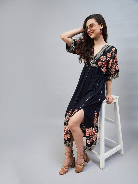 Designer Indian Navy Blue Ethnic Motifs A-Line Midi Dress,Indian Dress, IndoWestern Dress, Party Indo Western Outfit For Women, Fusion Dress VitansEthnics