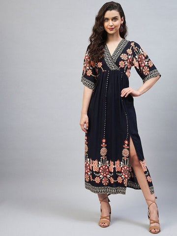 Designer Indian Navy Blue Ethnic Motifs A-Line Midi Dress,Indian Dress, IndoWestern Dress, Party Indo Western Outfit For Women, Fusion Dress VitansEthnics