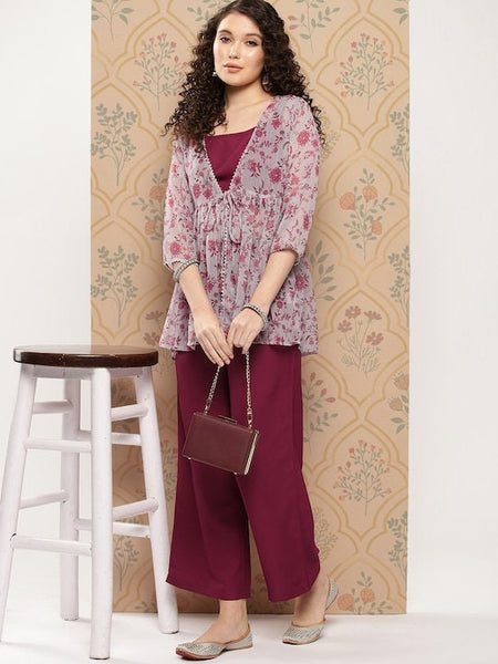 Women Solid Shoulder Straps Crop Top & Trousers with Floral Print Shrug, Wedding Outfits, Ethnic Wear, Co-ords sets, Indo Western outfit VitansEthnics