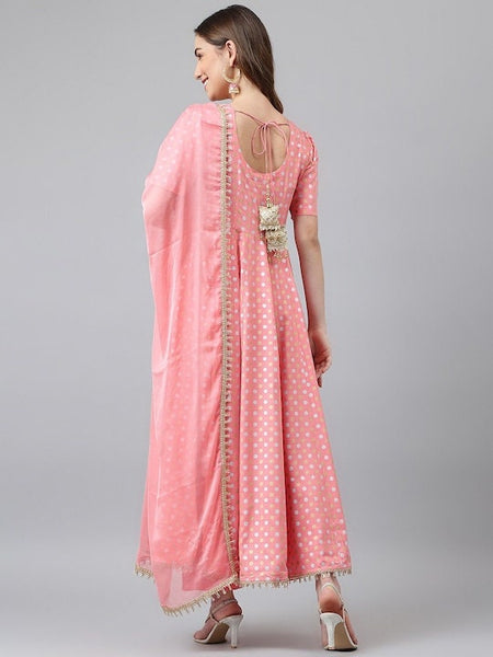 Women Pink Printed Empire Kurta with Trousers & Dupatta Set, Anarkali Kurti Set For Women, Party Wear Kurta Set, Indian Wedding Wear Outfit VitansEthnics