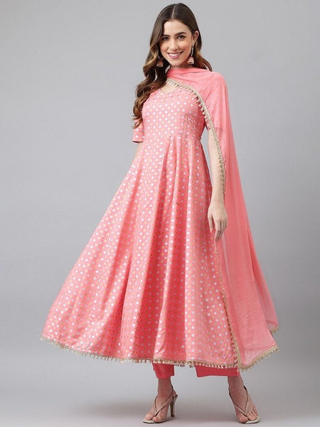 Women Pink Printed Empire Kurta with Trousers & Dupatta Set, Anarkali Kurti Set For Women, Party Wear Kurta Set, Indian Wedding Wear Outfit VitansEthnics