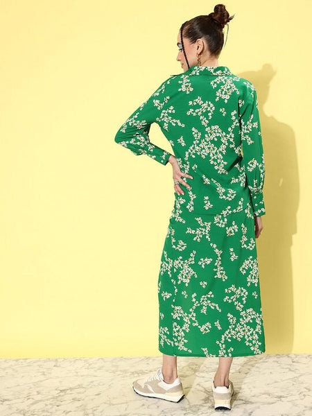 Women Green & White Floral Print Crepe Co-Ords Set, Indo Western Set, Printed Shirt with Skirt Set, Fusion Outfit, Wedding Wear, Party Wear VitansEthnics