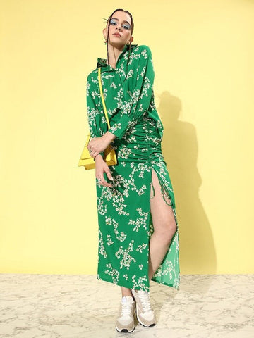 Women Green & White Floral Print Crepe Co-Ords Set, Indo Western Set, Printed Shirt with Skirt Set, Fusion Outfit, Wedding Wear, Party Wear VitansEthnics