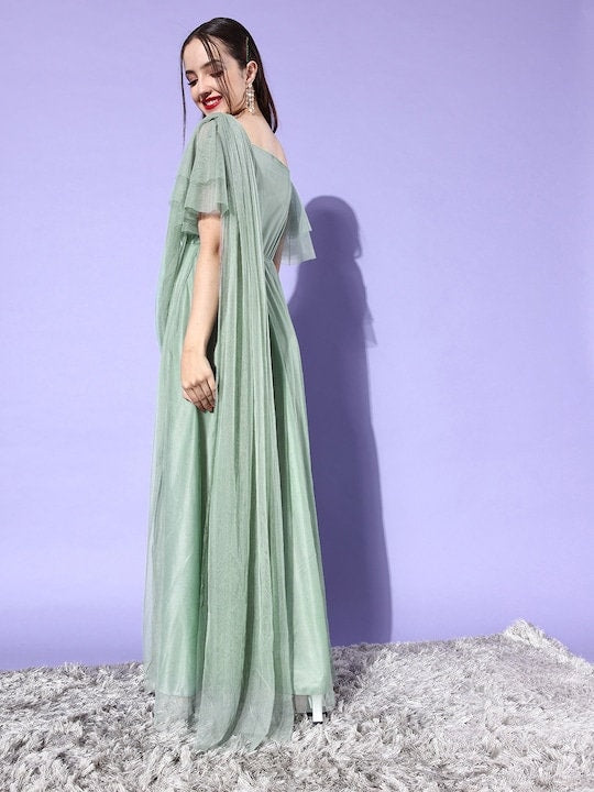 slim fit dress slacks Solid Green Anarkali Ethnic Maxi Dress with Attached Dupatta L